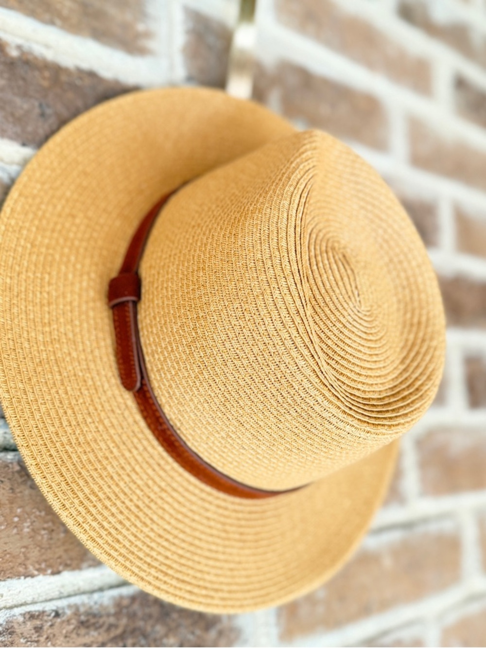 Wide-Brim Straw Sun Hat with Brown Band - Women's Tan Beach Hat